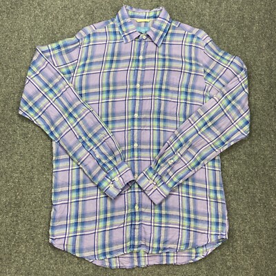 Toscano Aqua Shirt Mens Medium Purple Plaid Linen Roll Up