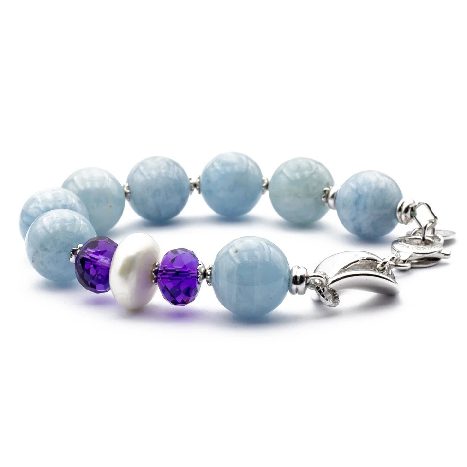 Bracciale in Acquamarina Ametista e Perla pietre dure naturali e Argento rodiato - Immagine 2 di 4