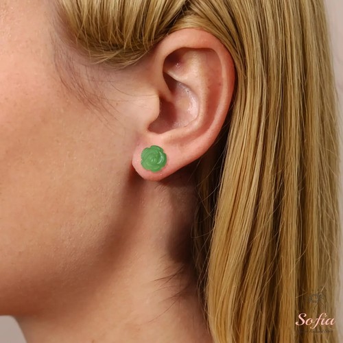 Handgeschnitzte grüne Jade Rose Blume Ohrstecker Floral Heilung Kristall Schmuck - Bild 4 von 5