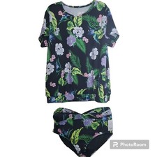 Cacique Two Piece Swimsuit Blouson Tee Bikini Bottom Black Floral NWT Size 18