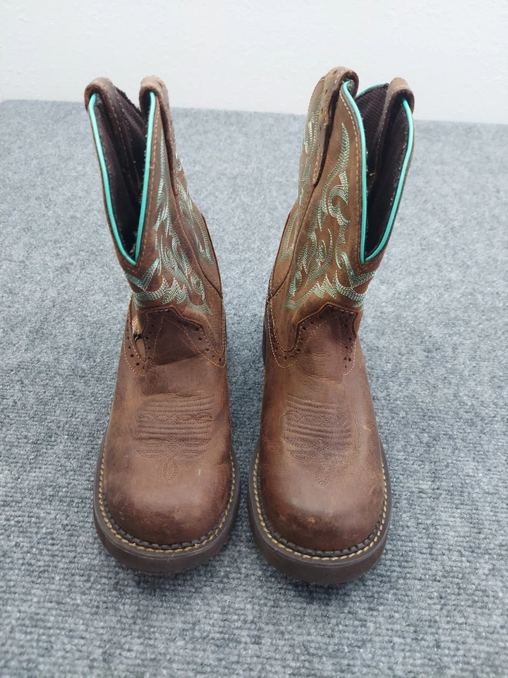 Justin Botas Gitanas Mujer 7 Marrón Aqua Costuras Cuero Western Cowboy Roper Foto 4 de 4