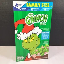 The Grinch Cereal Sweetened Vanilla Corn Puffs with Marshmallows Family Size GM