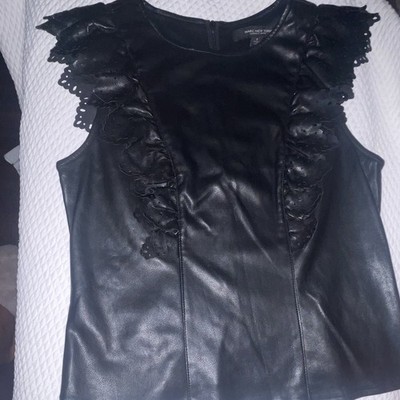 Marc New York Andrew Marc Black Leather Sleeveless Top S Full Zip Lace Ruffle