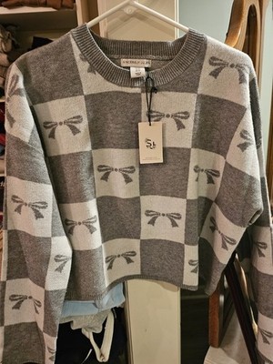 Cropped Color Block Knit Sweater With Bows, Grey And White Sz Med
