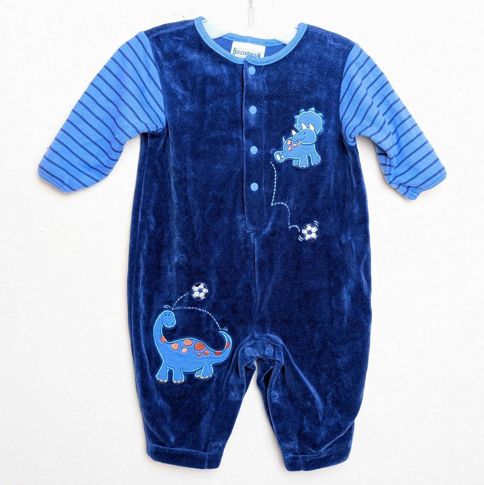 Vintage Buster Brown Dinosaur Soccer 90s Velour One Piece Romper 9-12 Months