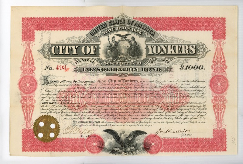 1875.  $1000. City of Yonkers . County of Winchester. New York.