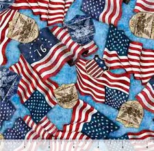 1776  250th American Flags  250 Crest Fabric 1yd BTY  Cotton  Blue  Fast Ship 