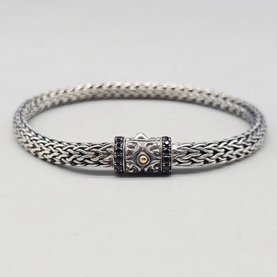 JOHN HARDY GEFLOCHTENES ARMBAND STERLINGSILBER & 18 K GELBGOLD 0,20 KT SCHWARZER QUARZ 