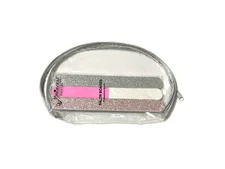 Silver Trim Large Zipper Cosmetic Bag & 3 Pack Pink/Silver Glitter Nail File Set