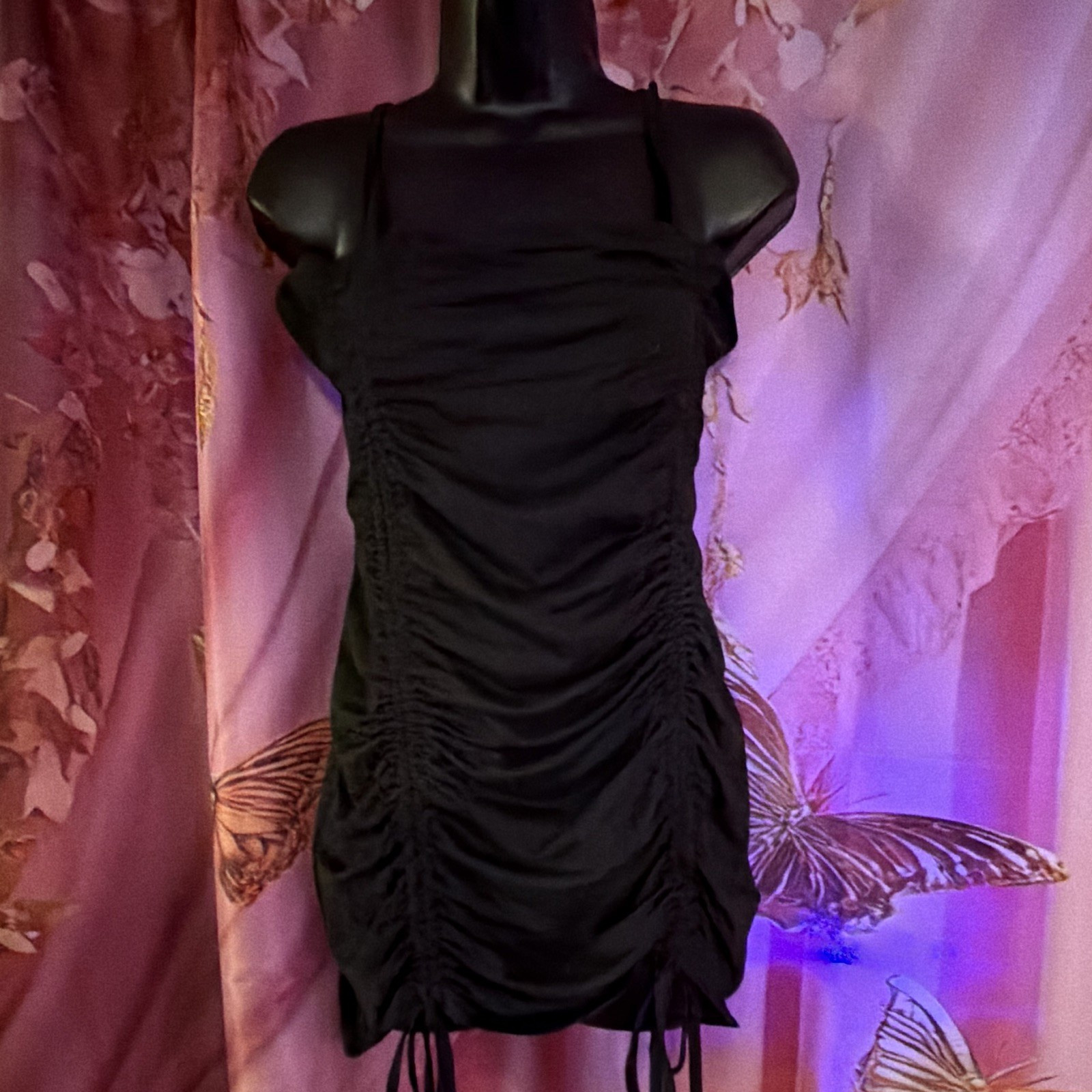 SheIn Black Ruched Strappy Pullover Mini Bodycon Dress Sleeveless Short S