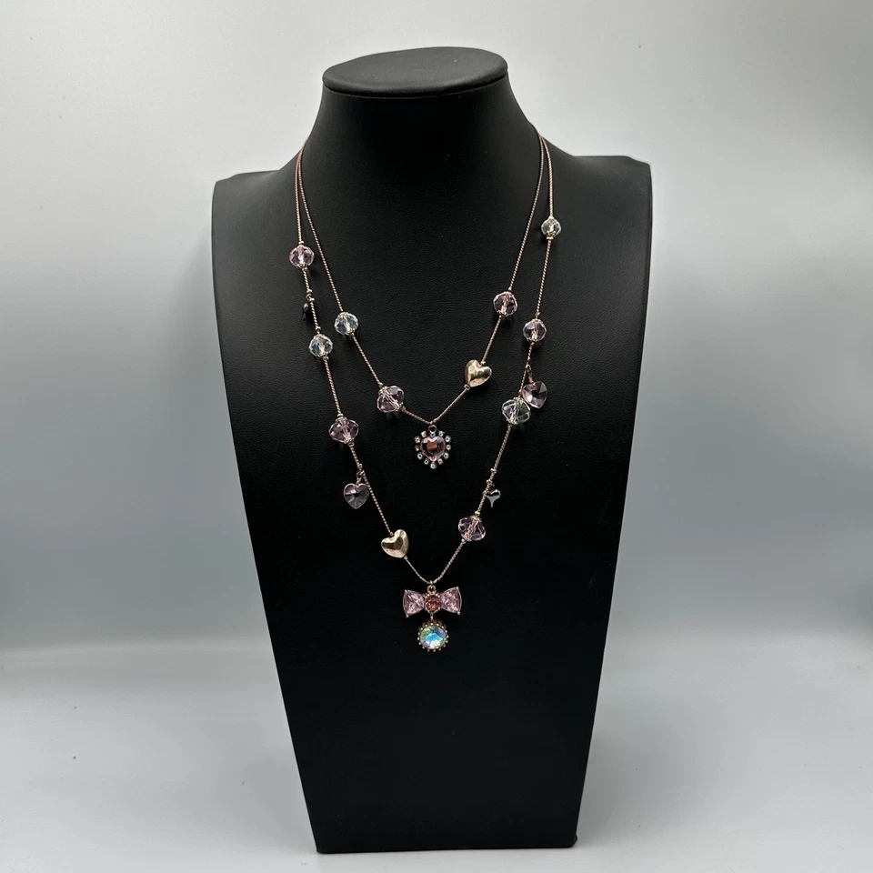 Betsey Johnson Necklace Gold Tone Pink Heart Beads Bow Charm Layered 22 Inch - Image 2 of 4