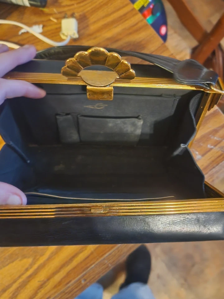 Bolsa de mão de couro vintage Art Deco Evans Elegance, preta e dourada RARA DÉCADA DE 1930 - Imagem 2 de 4