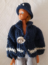 Barbie Kleidung Handgestrickte Navi/ Matrosen Jacke + Mütze dunkelblau/weiß