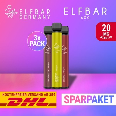 3 x ELFBAR 600 E-Zigarette - ELF BAR E-Shisha - 20mg Nikotin - Alle Sorten