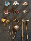 7 Vintage Costume Jewelry Rings and 5 Vintage Stick Pins.