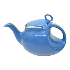 Hall Vintage 6 Cup Ceramic Streamline Teapot Blue & Gold Trim #0326 Lid Handle
