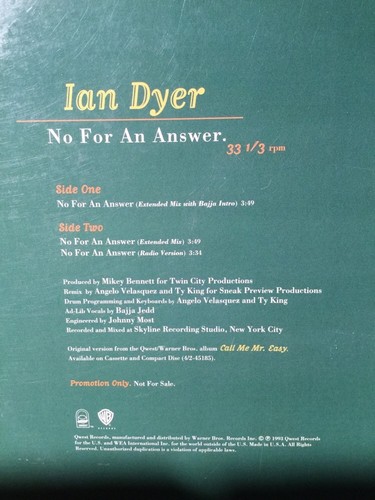 Ian Dyer - No For An Answer 3 Song 12" Ep. Promo. Near Mint Looks New - Imagen 3 de 4