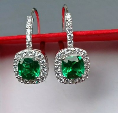 4Ct Cushion Cut Lab Created Emerald Drop Dangle Earring 14K White Gold Plated
