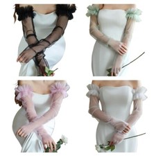 Sheer Lace Bridal Gloves Elegant Ruffle Trim Fingerless Arm Sleeves for Weddings