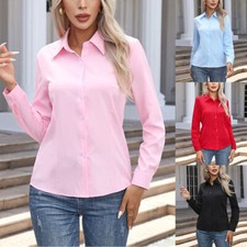 Women Button Down Shirt Blouse Long Sleeve Collared Solid Office Work Dress Tops