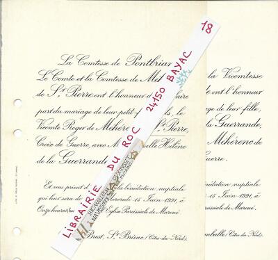FARE PART WEDDING + Roger de MEHERENC de ST-PIERRE / H. de la GUERRANDE + 1921