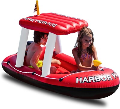 Inflatable Fire Boat Pool Float Fire Rescue Theme Ride on Raft with Water Squirt