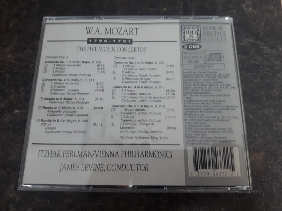 Mozart The 5 Violin Concertos Itzhak Perlman 1997 Music 2 CD Good Condition - Image 2 of 2