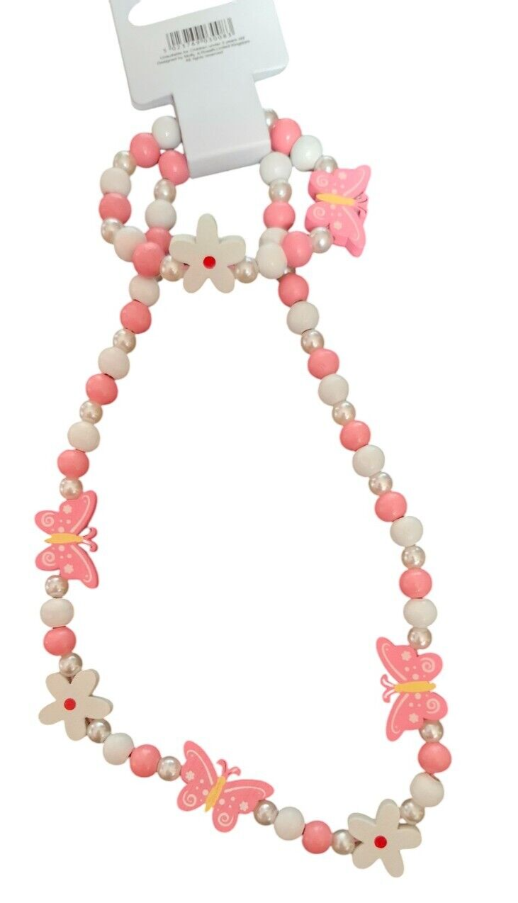 NEW Childrens Butterfly Flower Wooden Bead Pearl Bracelet Necklace Jewellery Set