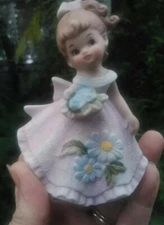 Vtg. Norleans  Brand ? Girl W/Blue Flowers Pink Dress Ceramic  Bisque Figurine