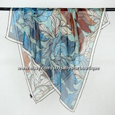 Sallys Mulberry Silk Chiffon Wrap Square Scarf Shawl Leave Print Hand Rolled 41"