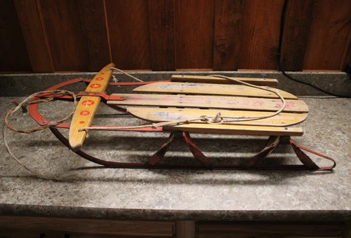 Vintage Red Metal and Wooden Snow Sled American 33 3/4" x 13"   23" Handle