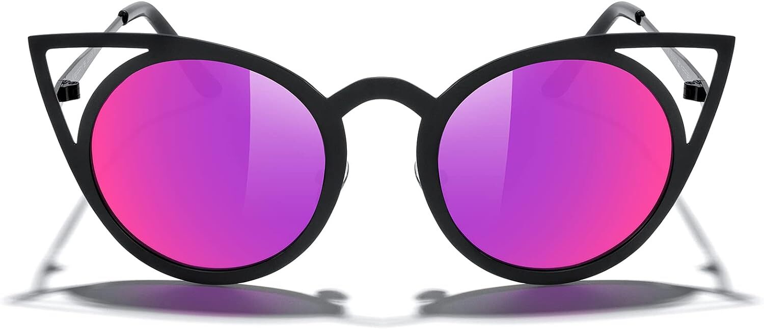 Stylish Round Metal Cat Eye Sunglasses with Purple Mirror Lens  -image