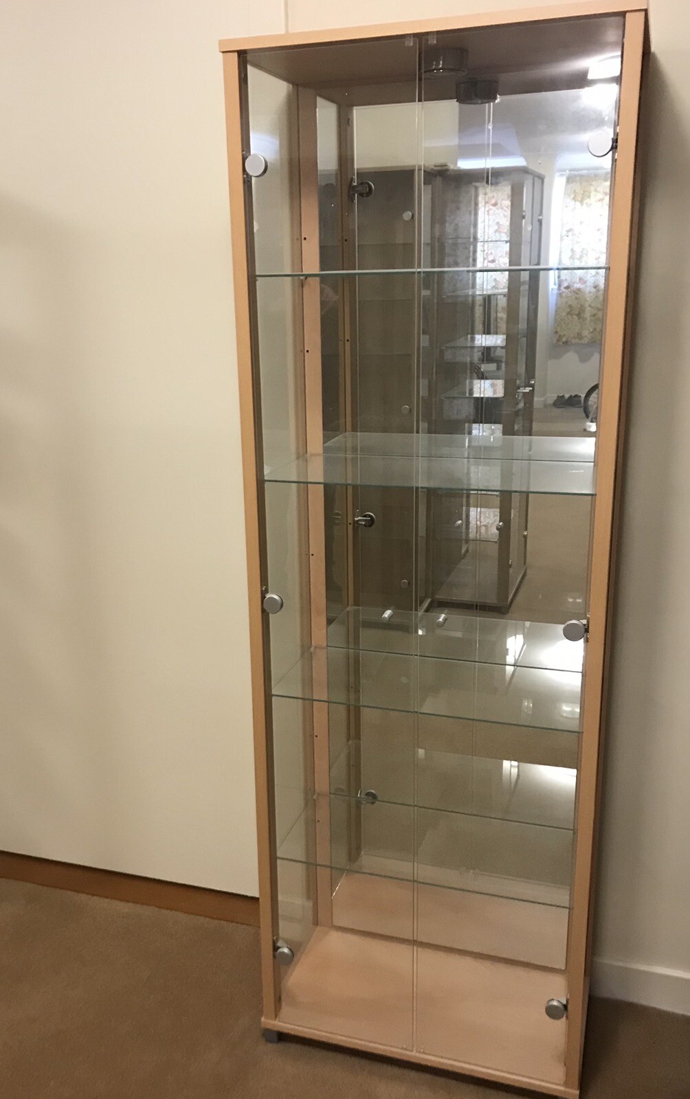 Argos Glass Door Display Oak Glass Shelves. 5 Available