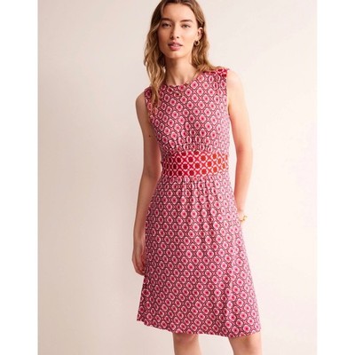 Boden Thea Sleeveless Dress 6P Sangria Sunset Geometric Pome Jersey Lightweight