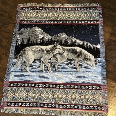 Vintage Wolf Tapestry Throw Blanket Southwestern Wolves Aztec Decor Cozy Winter 