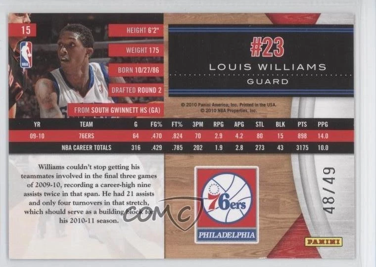 2010-11 Panini Limited Spotlight Gold /49 Lou Williams Louis Williams #15 - Image 2 of 2