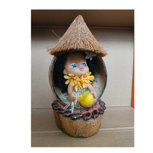 Hawaiian Hula Girl Figurine in Coconut Shell Hut Display with Thatched Roof