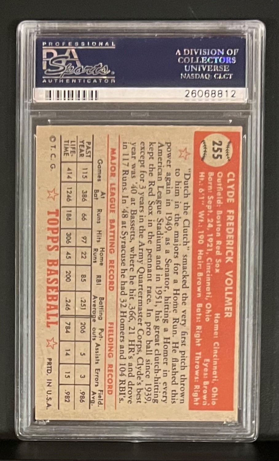 1952 Topps #255 Clyde Vollmer PSA6 view 2