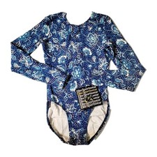 GK Elite VTG 1992 Blue Paisley Floral LS Cotton Leotard Bodysuit AXS Adult XS