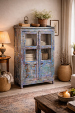 SUSA, alte Vitrine shabby blau UNIKAT H 126 cm, kleiner Küchenschrank - IVY-Shop