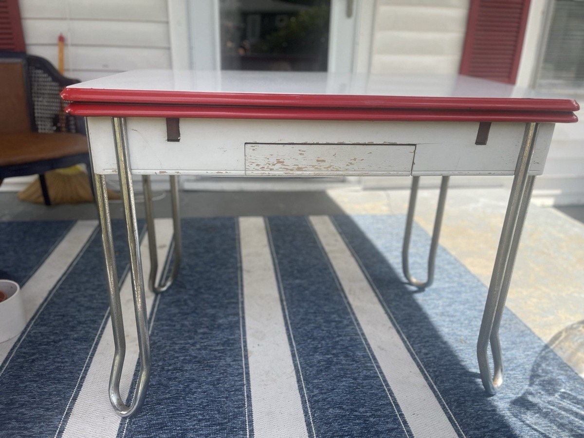 Antique 30s/40s Red And White Enamel With Hair Pin Legs And