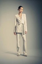 950 Badgley Mischka Ivory Tweed Beaded Tie Waist Jacket 4 Bootcut Pants Sz 6