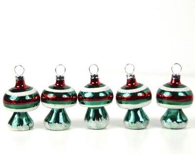5 Vintage Mini 2'' Red Green Mica Glass Mushroom Christmas Ornaments