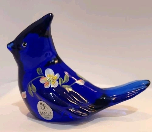 FENTON ART GLASS ROYAL THE LITTLE BLUE JAY HAND PAINTED SIGNED BIRD SILVER LBL