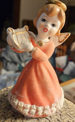 Flocked Angel with Harp Figurine Japan - So Beautiful!