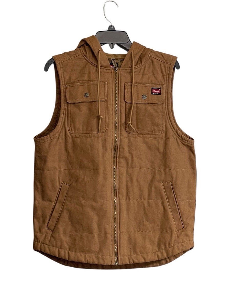 Wrangler Workwear Mens Quilted Hooded Vest Brown Size M Canvas Utility Heavyduty