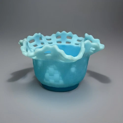Vintage Fenton Blue Satin Milk Art Glass Candy Dish Basket Weave Lace Bowl