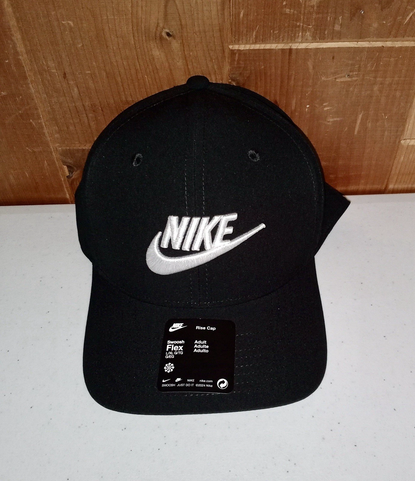 NIKE Rise Structured Swoosh Flex Futura Cap Hat Black/White L/XL FB5377-010