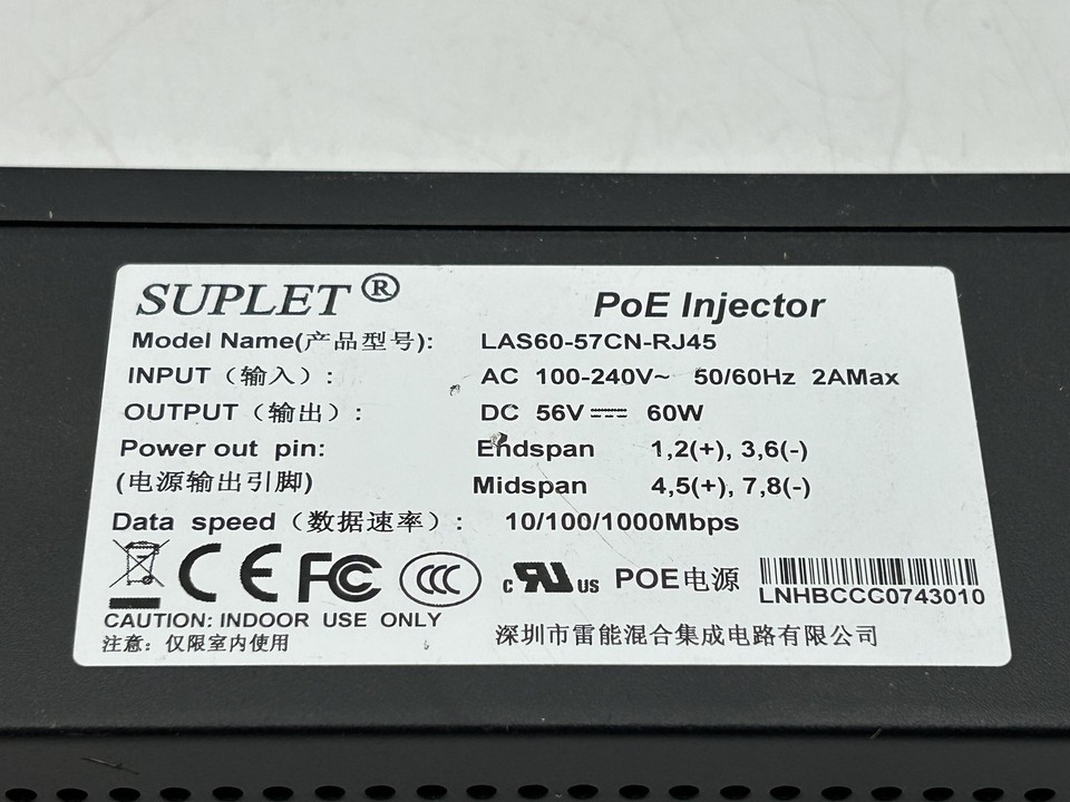 Genuine SUPLET LAS60-57CN-RJ45 60W POE Power Injector - Gigabit ...