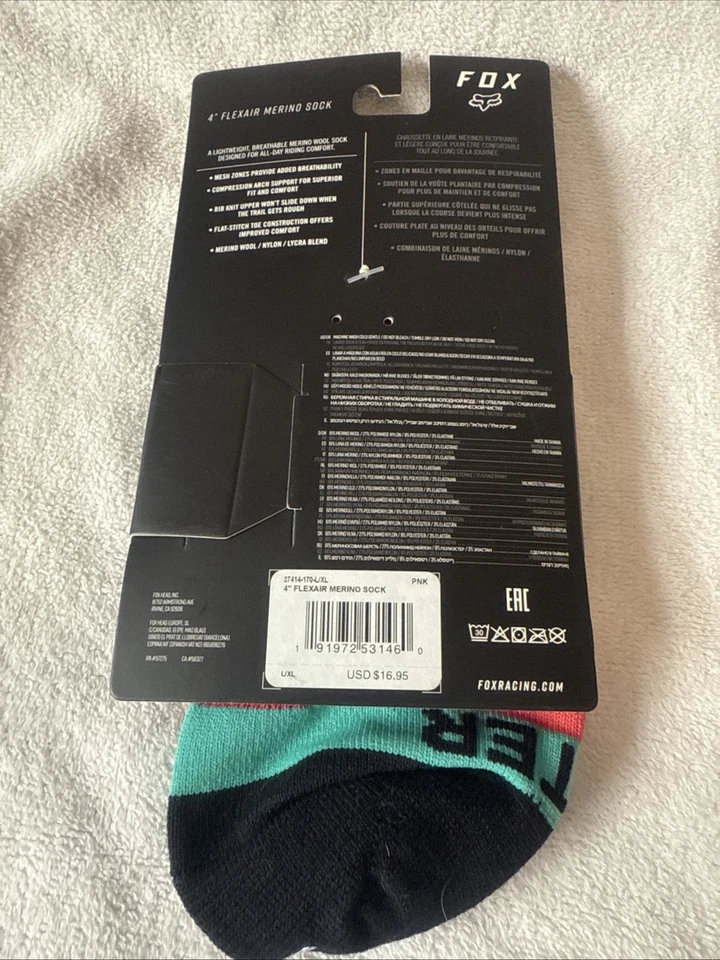 Nuevo Fox Racing 4" Flexair Merino Calcetín Mujer Calcetines L/XL Rosa Teal Negro Niñas Foto 3 de 4
